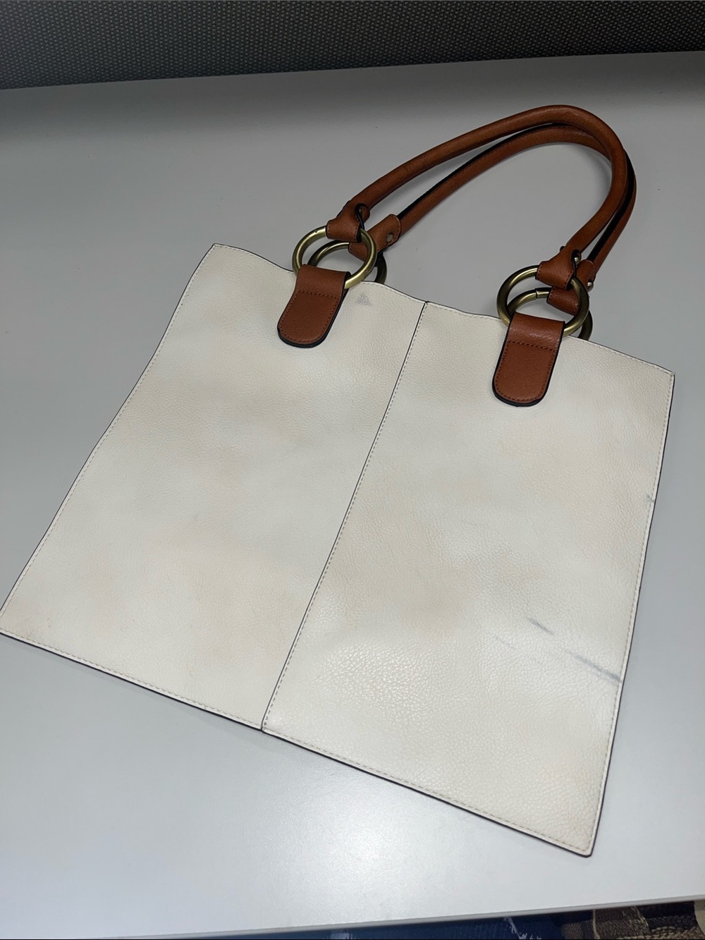 Source Unknown White Tote with Brown Handles and Brass Rings